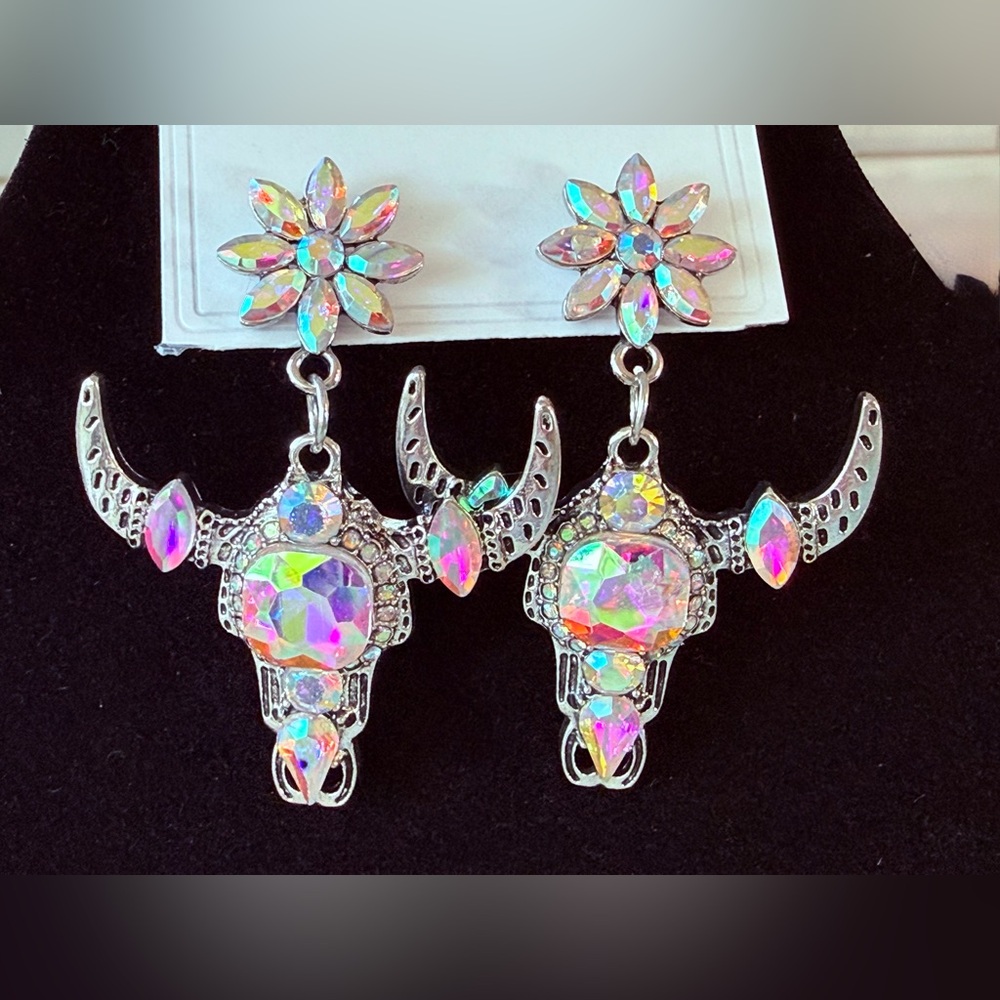 Gorgeous Iridescent Crystal Bull Skull Dangle Earrings - Women Jewelry